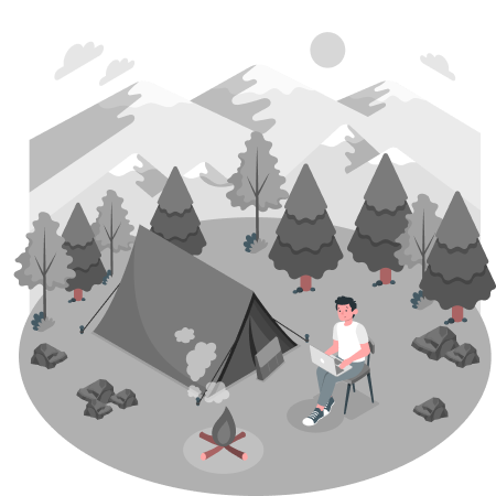 Obrazek przedstawiający człowieka pracującego na laptopie na obozie w lesie.