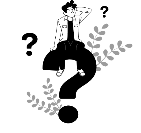 Człowiek siedzący na znaku zapytania, głowiący się nad czymś.