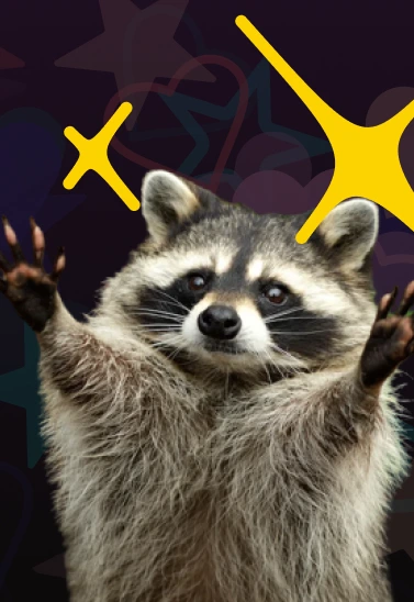 Zdjęcie szopa z podniesionymi rękoma, logo firmy